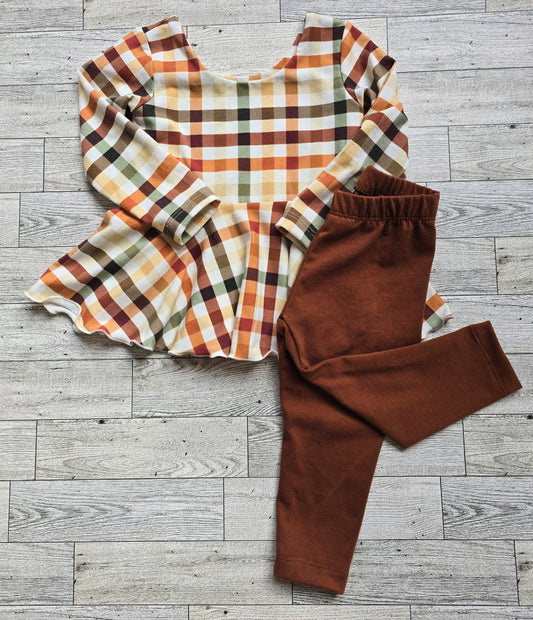 Fall Plaid Twirl Top & Leggings Set